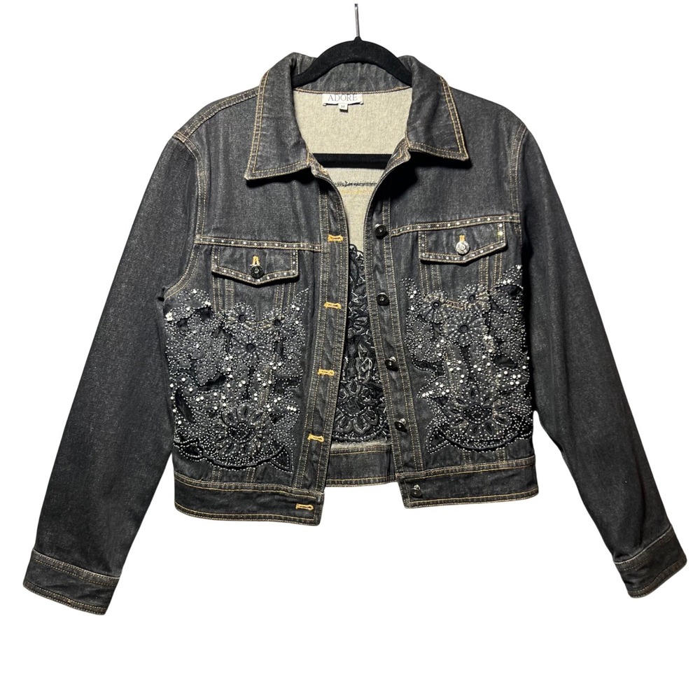 Y2K Adore Denim Jacket Lace Rhinestone Beaded Embellished Black M Glam Boho